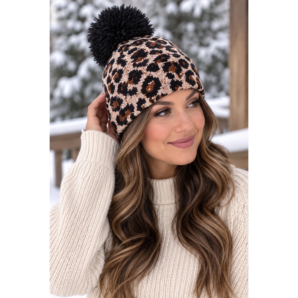 C.C. Beanie Hat NWOT OS Leopard Print Pom Pom Mob Wife Aesthetic Winter Knit